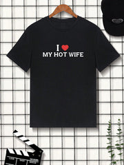Men's Casual Slogan Graphic Tee, Round Neck, Short Sleeve, High Stretch