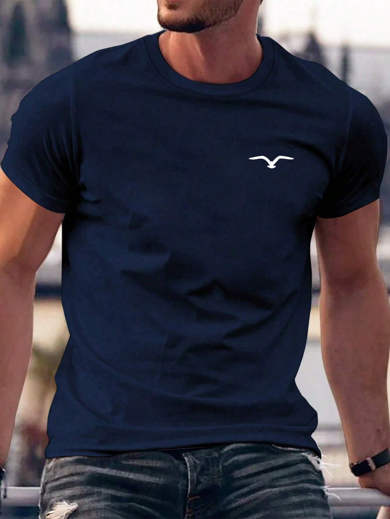 Men's Casual Seagull Print Crew Neck T-Shirt, Short Sleeve, Stretch Fabric
