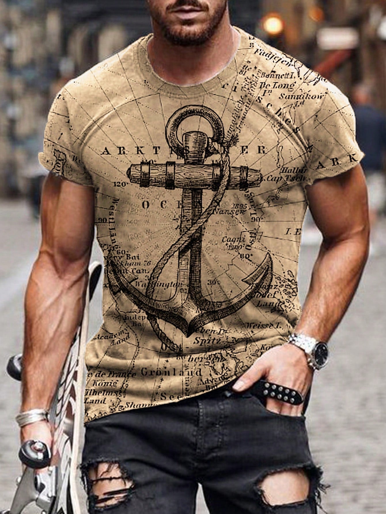 Men's Graphic Print Slim Fit Casual T-Shirt, Short Sleeve, Round Neck