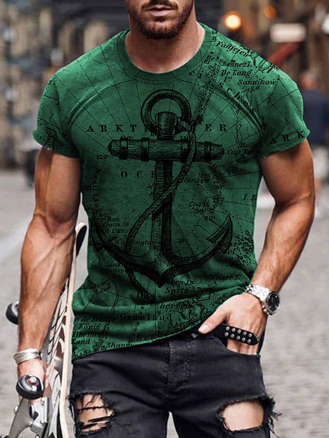 Men's Graphic Print Slim Fit Casual T-Shirt, Short Sleeve, Round Neck