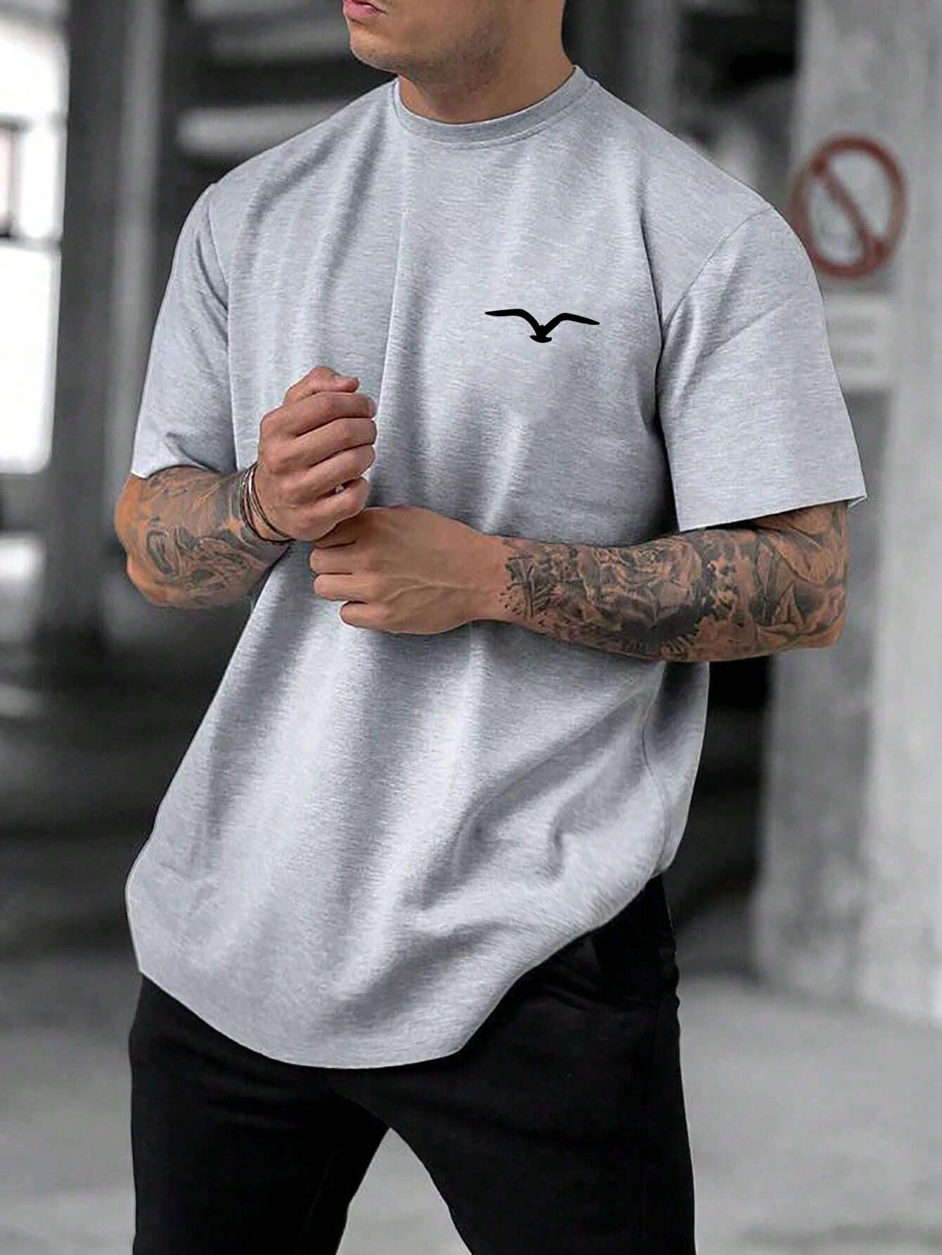 Men's Casual Seagull Print Crew Neck T-Shirt, Short Sleeve, Stretch Fabric