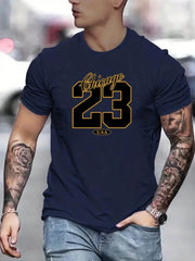 Men's Casual Royal Blue Crew Neck Letter Print T-Shirt - Summer Short Sleeve