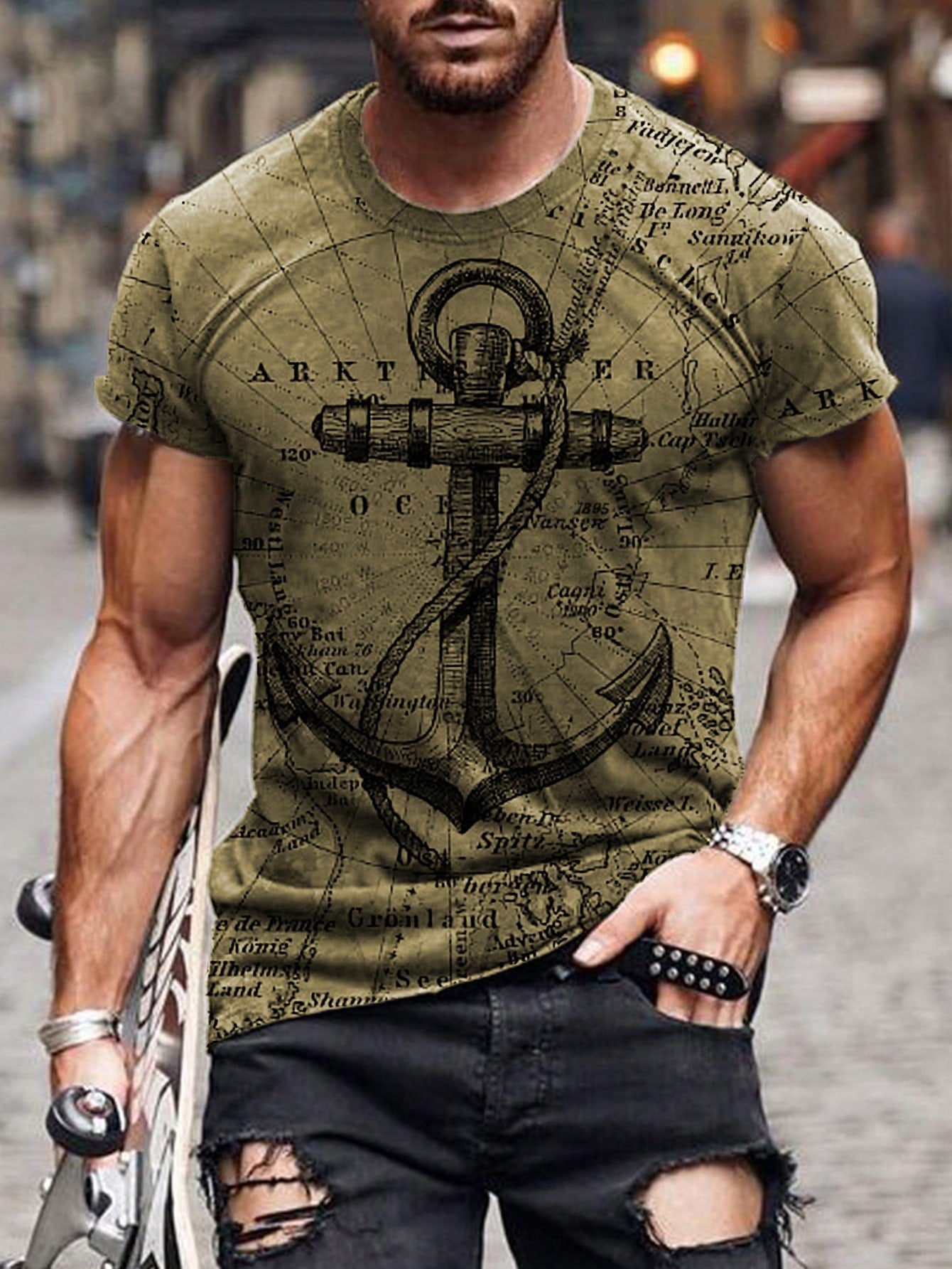 Men's Graphic Print Slim Fit Casual T-Shirt, Short Sleeve, Round Neck