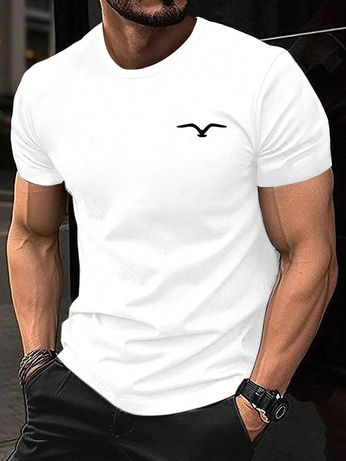 Men's Casual Seagull Print Crew Neck T-Shirt, Short Sleeve, Stretch Fabric