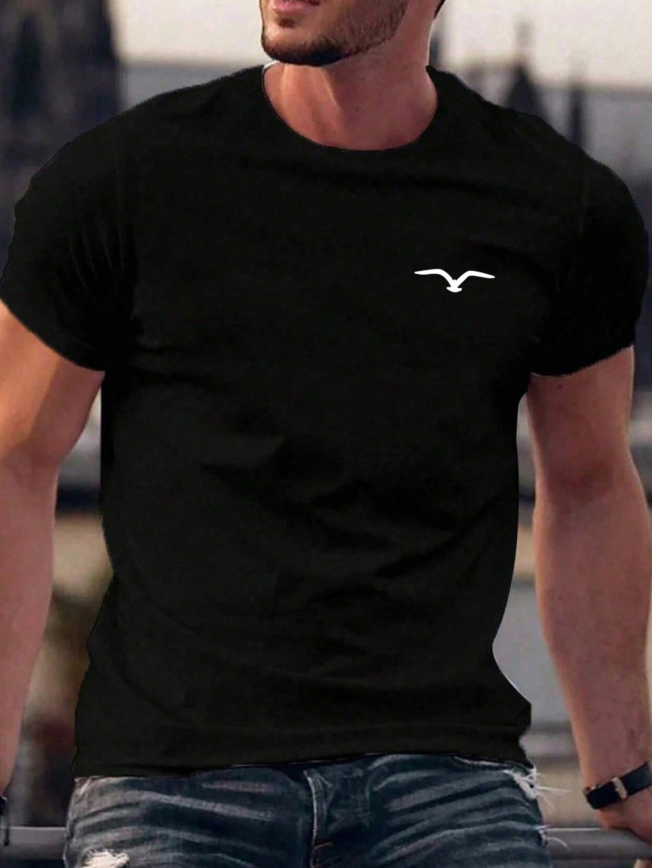 Men's Casual Seagull Print Crew Neck T-Shirt, Short Sleeve, Stretch Fabric