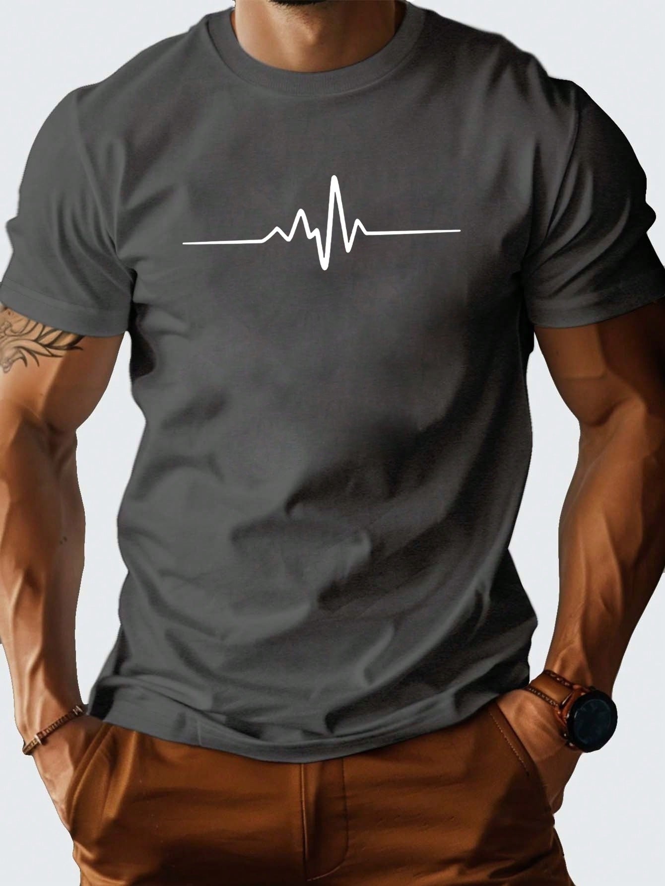 Men's Casual Summer T-Shirt EKG Heartbeat Print Round Neck Short Sleeve