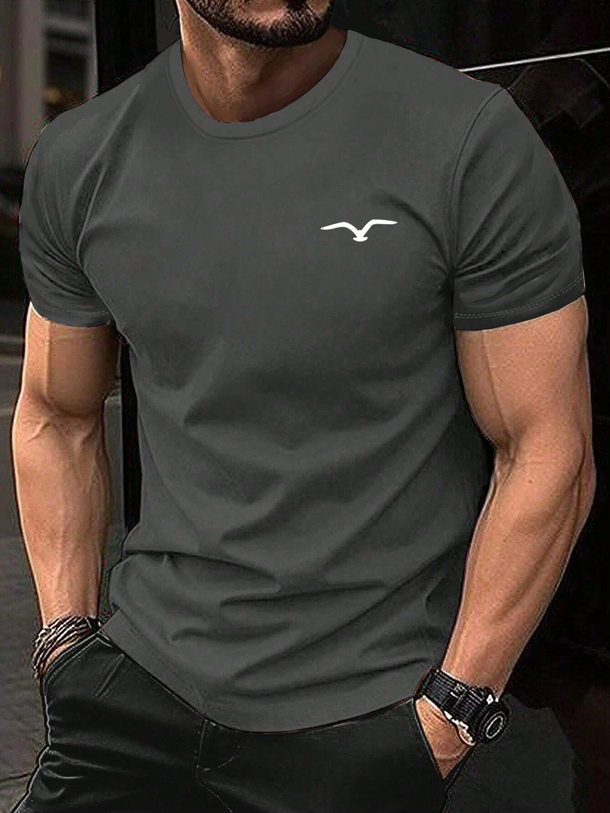 Men's Casual Seagull Print Crew Neck T-Shirt, Short Sleeve, Stretch Fabric