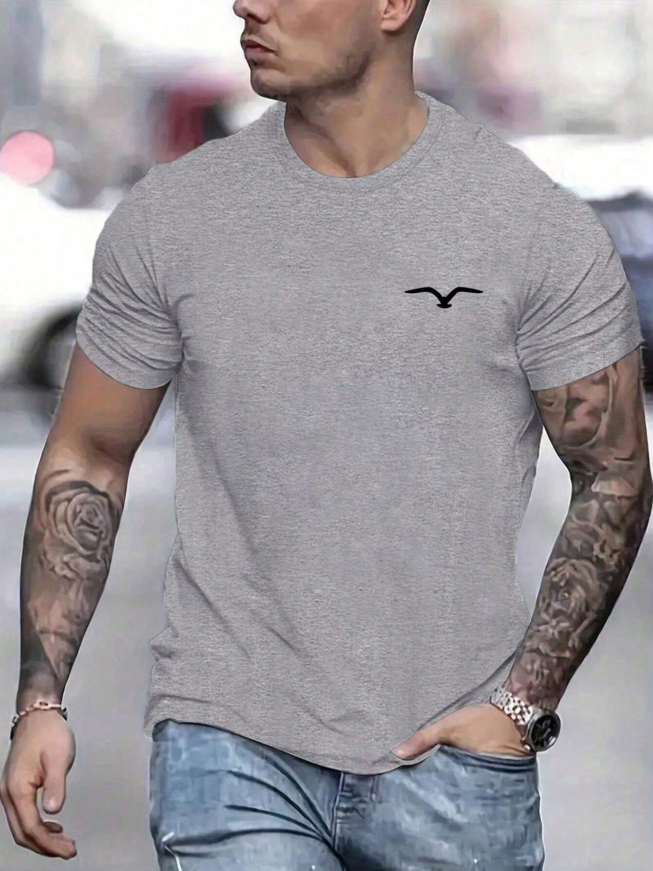 Men's Casual Seagull Print Crew Neck T-Shirt, Short Sleeve, Stretch Fabric
