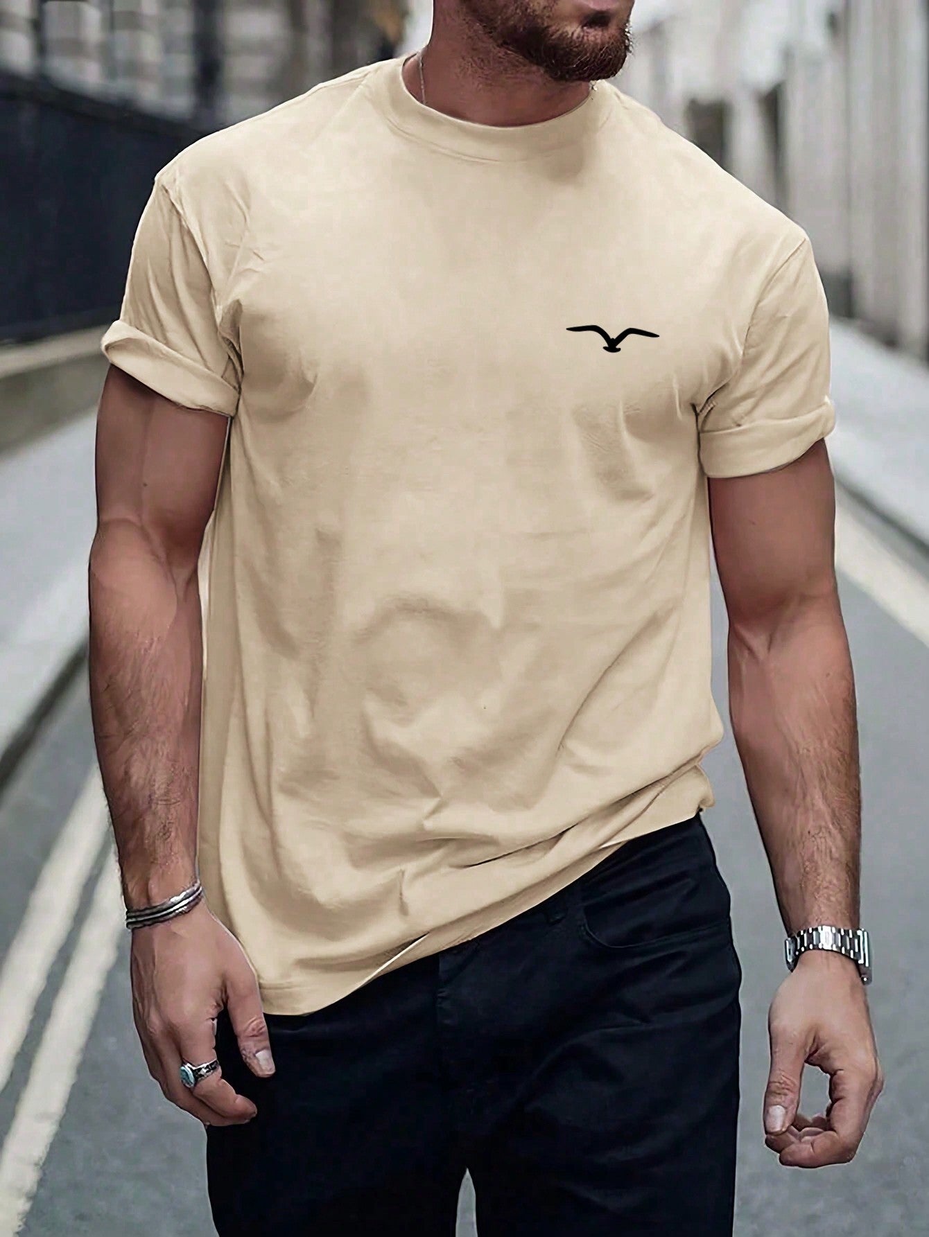 Men's Casual Seagull Print Crew Neck T-Shirt, Short Sleeve, Stretch Fabric