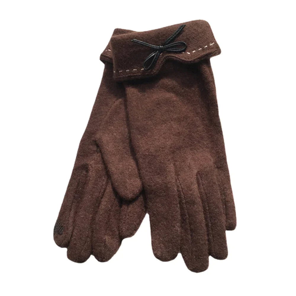 Women's Wool Touchscreen Gloves with Embroidery & Bowknot - Warm & Fashionable