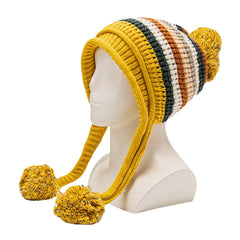 Women's Knitted Velvet Ear Protection Striped Fur Ball Warm Beanie Hat