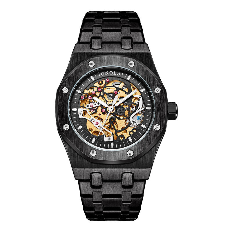 Fashion Men Automatic Watch Hollow Dial Stainless Steel Strap Waterproof Business Mechanical Watch