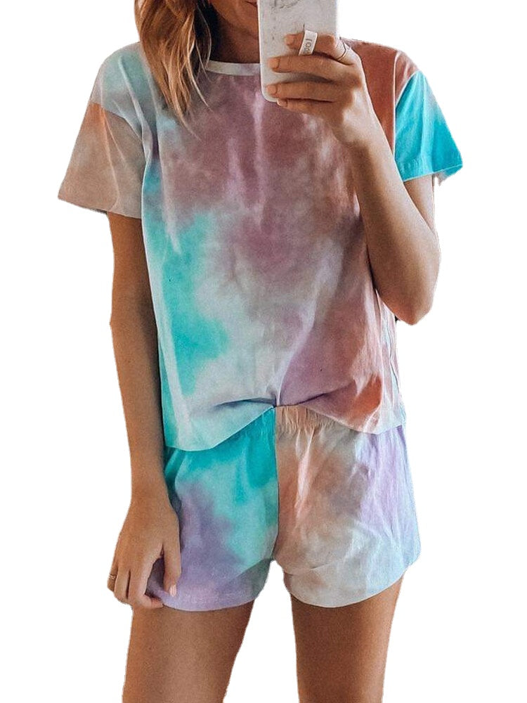 Gradient Tie Dye Loungewear Set: Short Sleeve Two-Piece Pajamas