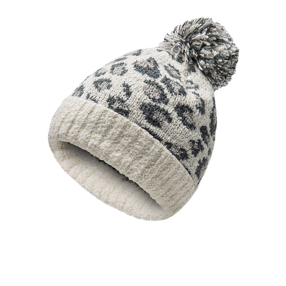 Unisex Leopard Knit Beanie with Fur Pom, Warm & Casual