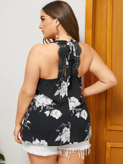 Plus Size Backless Design Floral Print Halter Sleeveless Tank Top Blue