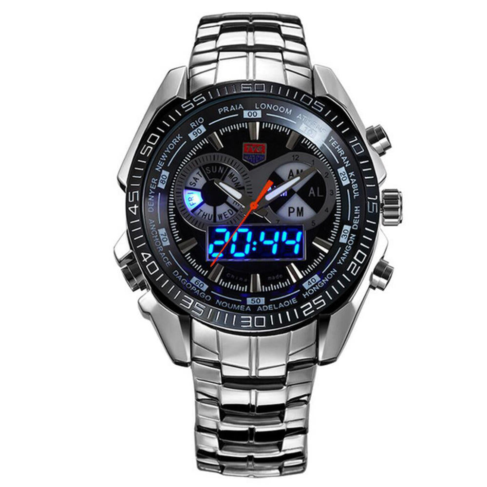 Men Luxury Steel Band Date Luminous Display Fashion Sport Dual Disaplay Digital Watch