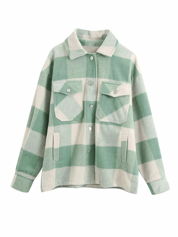 Women Plaid Button Front Lapel Long Sleeve Casual Coats With Multi Pocket