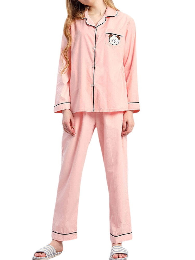 Plus Size Women's Cotton Cartoon Applique Lapel Pajama Set with Contrast Binding