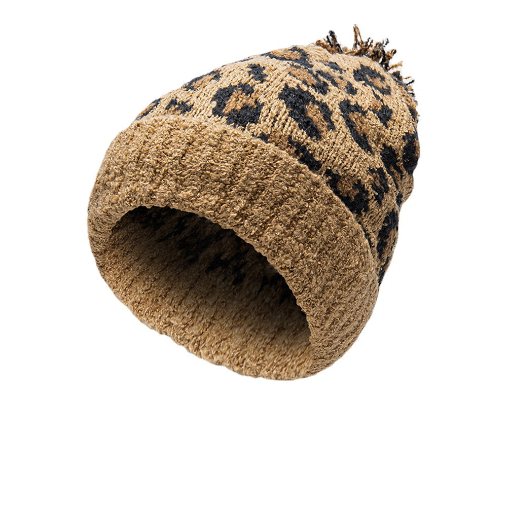 Unisex Leopard Knit Beanie with Fur Pom, Warm & Casual