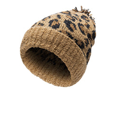 Unisex Leopard Knit Beanie with Fur Pom, Warm & Casual