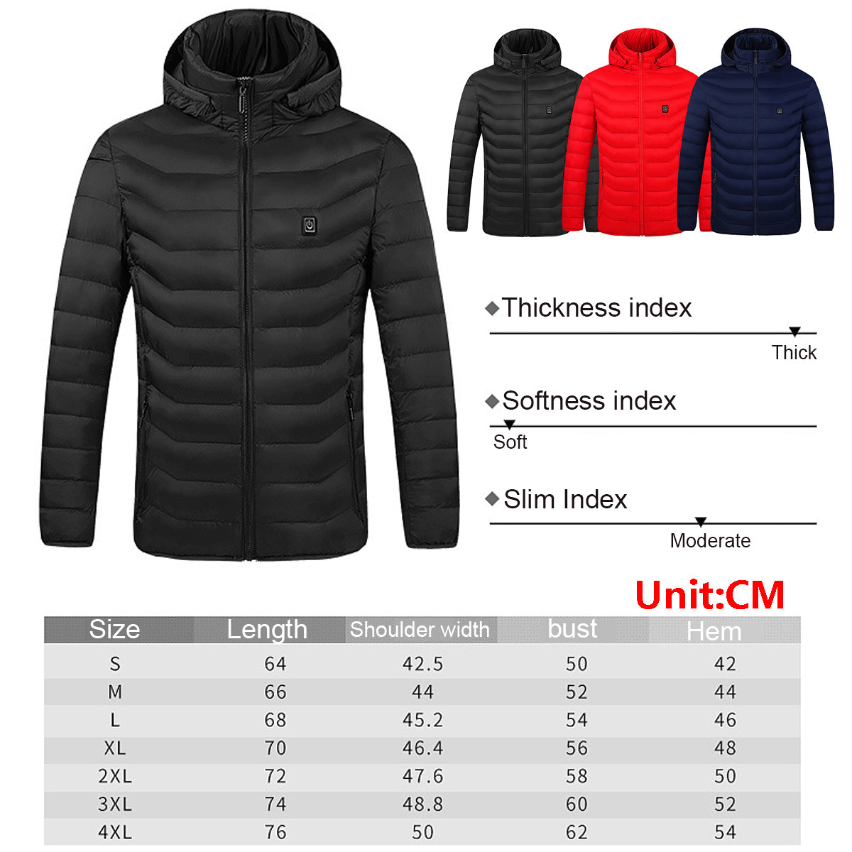 USB Unisex Electric Heated Warm Hooded Jacket Coat Infrared Heating Long Sleeve