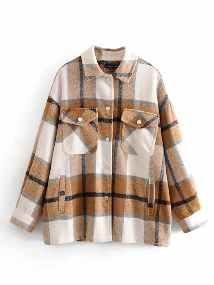 Women Plaid Button Front Lapel Long Sleeve Casual Coats With Multi Pocket