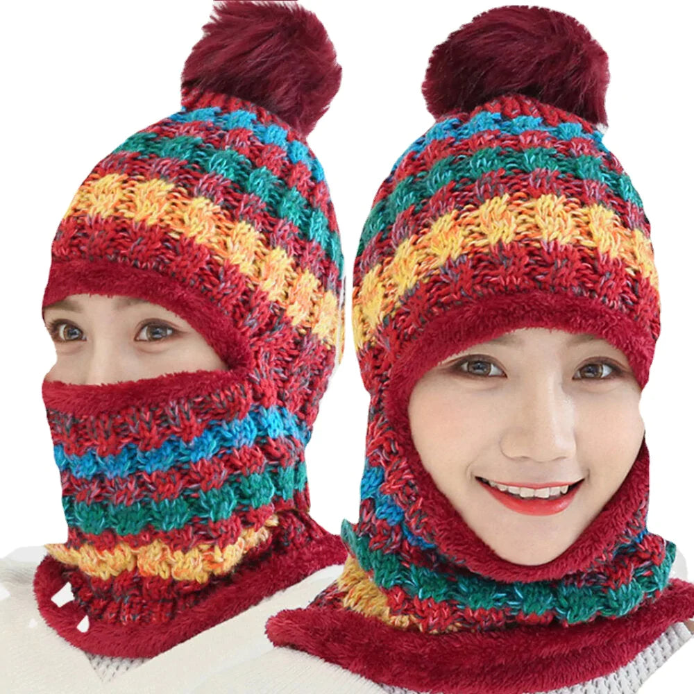 Women's Wool Knitted Hat: Warm, Windproof, Plus Velvet, Neck & Face Protection for Riding