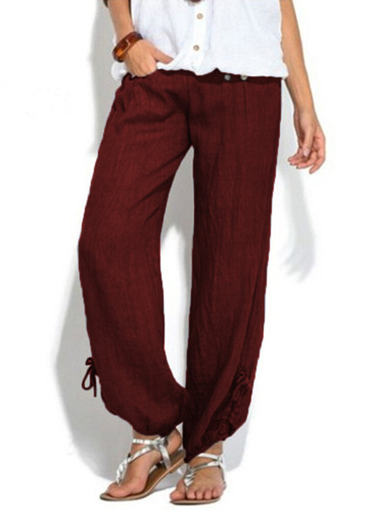 Women Casual High Waist Solid Color Button Yoga Harem Pants