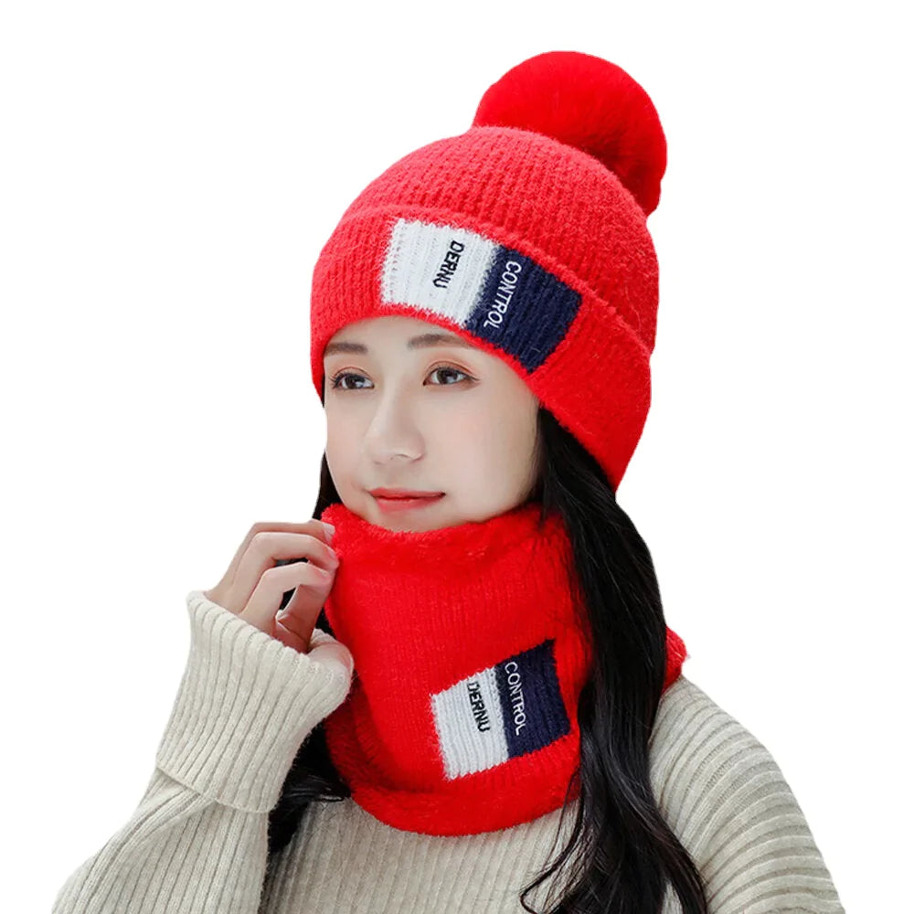 Unisex 2PCS Warm Windproof Knitted Hat & Scarf Set - Plus Velvet, Winter Neck & Face Protection