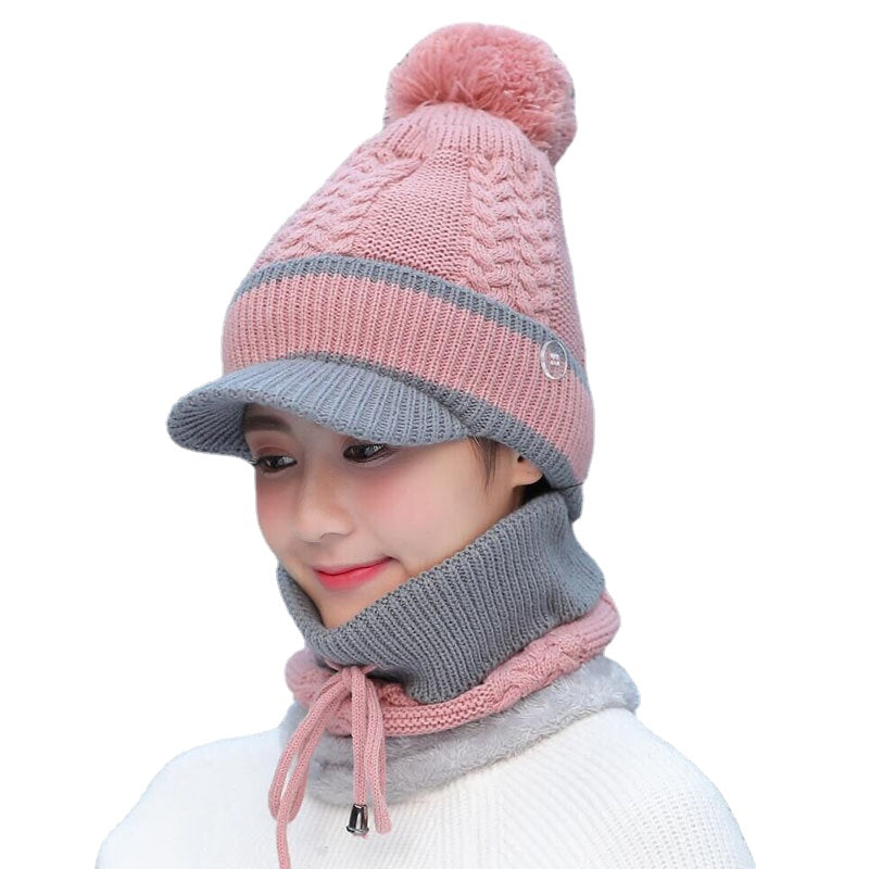 Warm Wool Beanie & Scarf Set - Winter Pom Cap