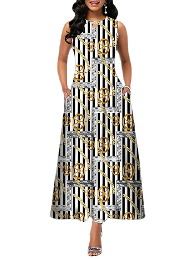Women's Sleeveless Floral Crew Neck Casual Loose Fit Long Dress With Pocket