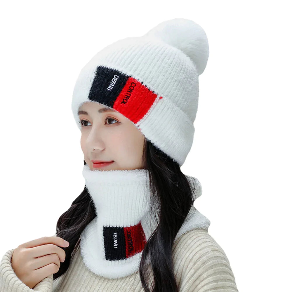 Unisex 2PCS Warm Windproof Knitted Hat & Scarf Set - Plus Velvet, Winter Neck & Face Protection