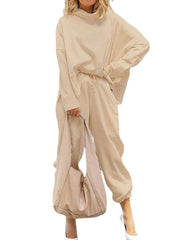 Women Plain Loose High Neck Tops Harem Pants Casual  Two-Piece Set