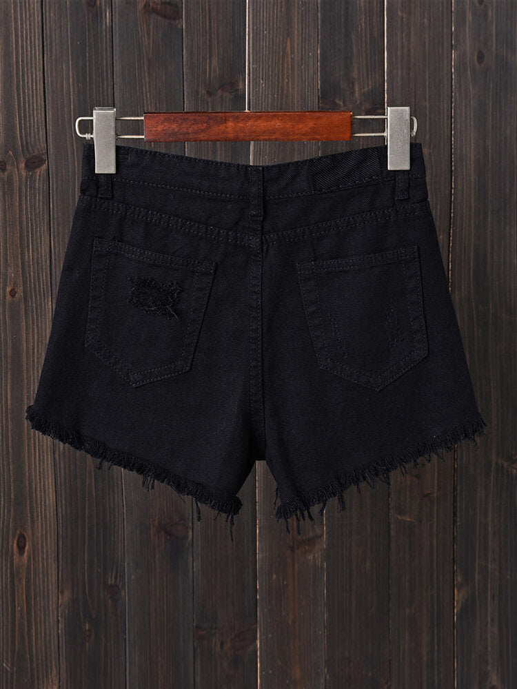 Women Button Up Pocket Loose Hollow Ripped Denim Shorts