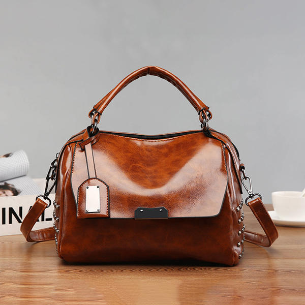 Women PU Solid Color Fashion Oil Wax Rivets Boston Handbag Shoulder Bag