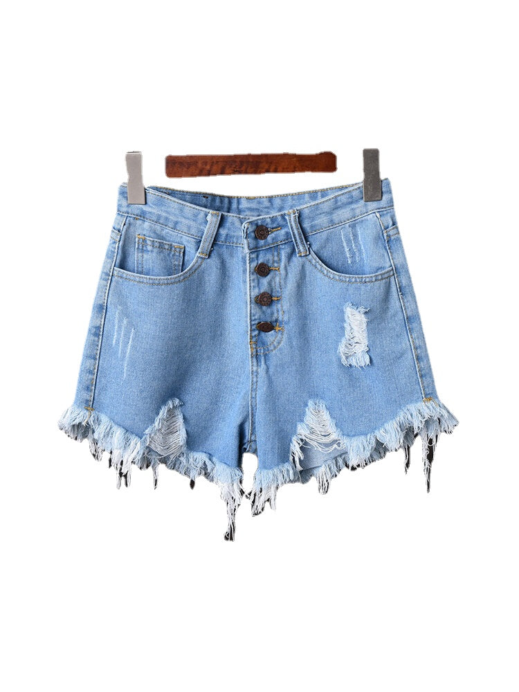 Women Button Up Pocket Loose Hollow Ripped Denim Shorts