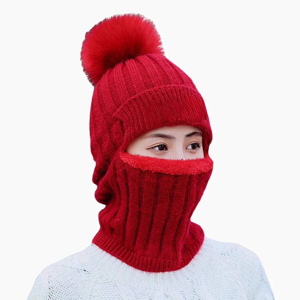 Women's Wool One-Piece Ski Hat: Warm, Velvet-Lined, Neck & Ear Protection, Fluff Ball Beanie