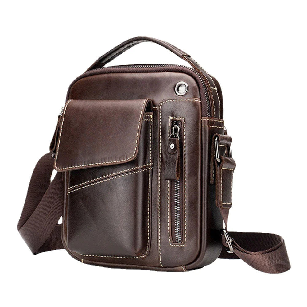 Men's Vintage Leather Crossbody Bag with Headphone Port & Multi-Pockets