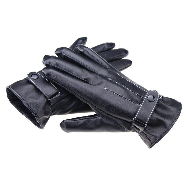 Black Waterproof Touchscreen Winter Gloves - Warm, Windproof, Full Finger, PU Leather, Thicken Cotton