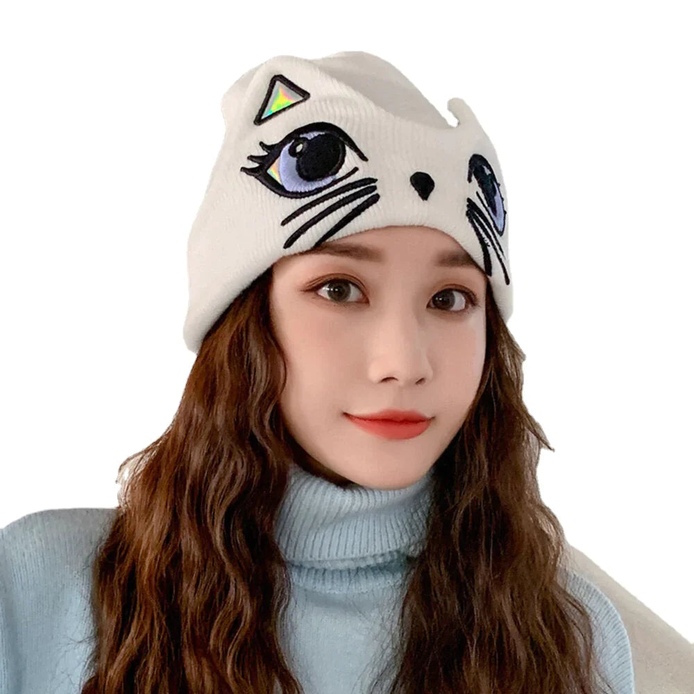 Women's Cute Cat Pattern Warm Knitted Hat - Casual All-Match