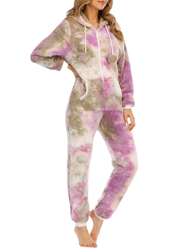 Women Tie Dye Fluffy Plush Zipper Front Kangaroo Pocket Home Jumpsuits