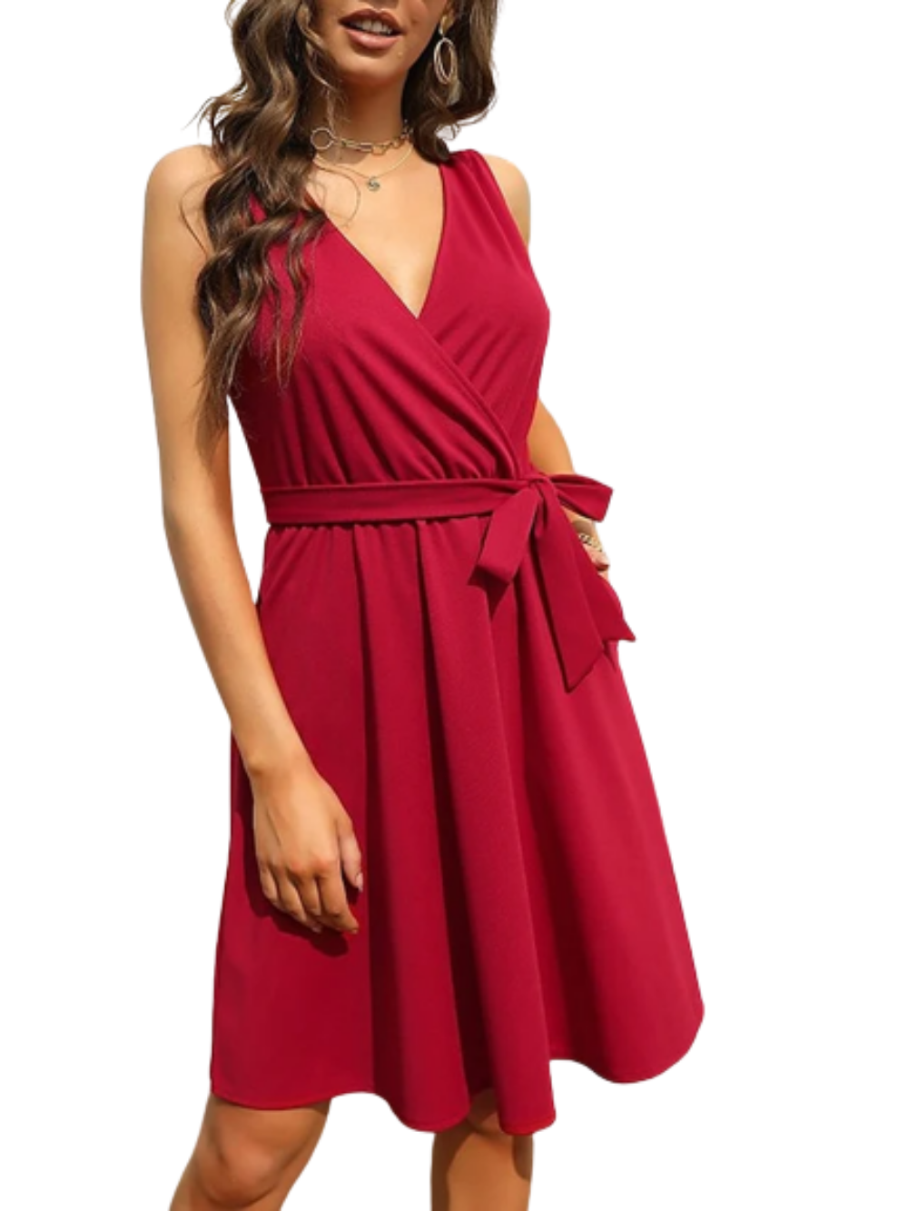 Women's Sleeveless Pure Color Pleated V Neck Fashion Lace up Dress