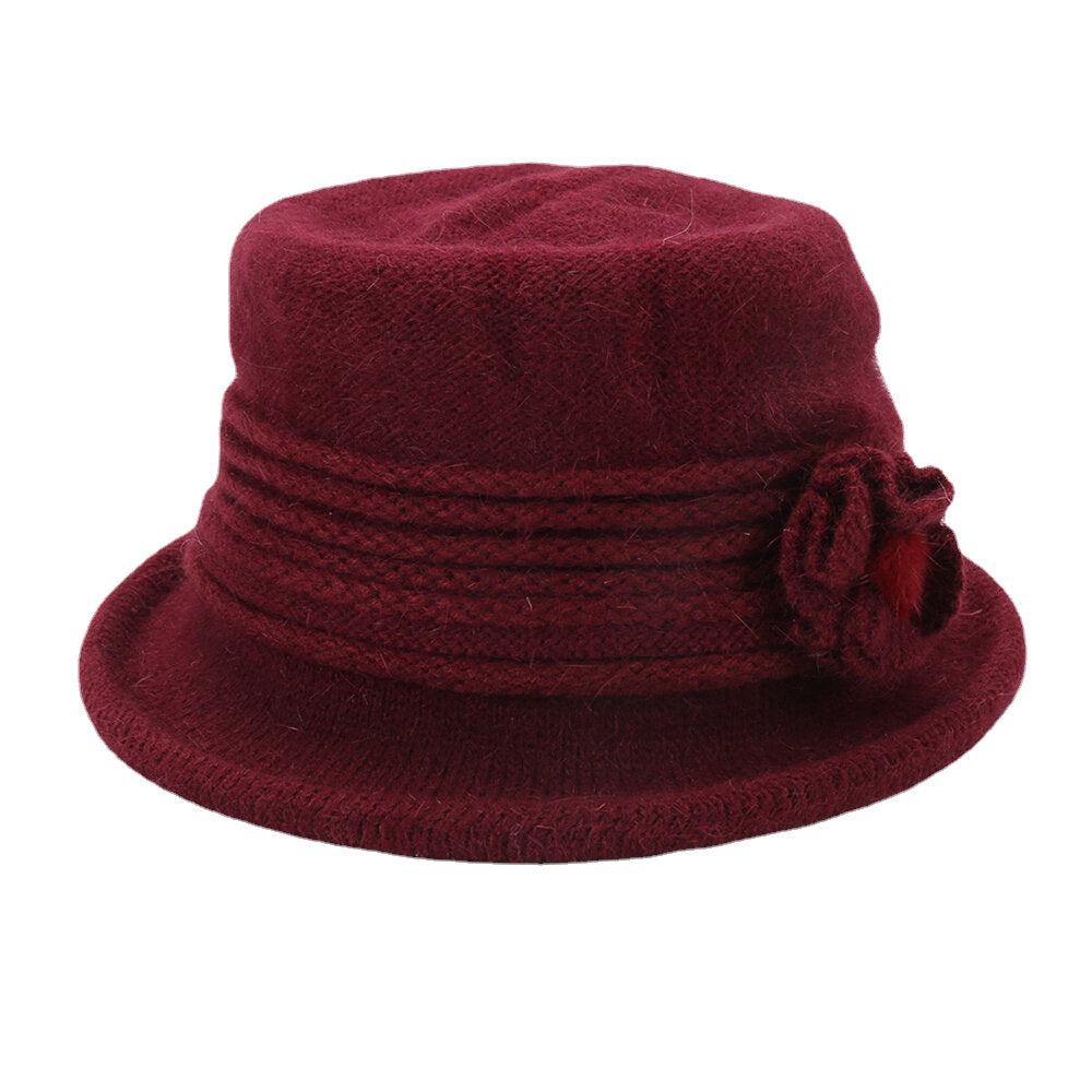 Women's Warm Knitted Bucket Hat with Flower Decoration