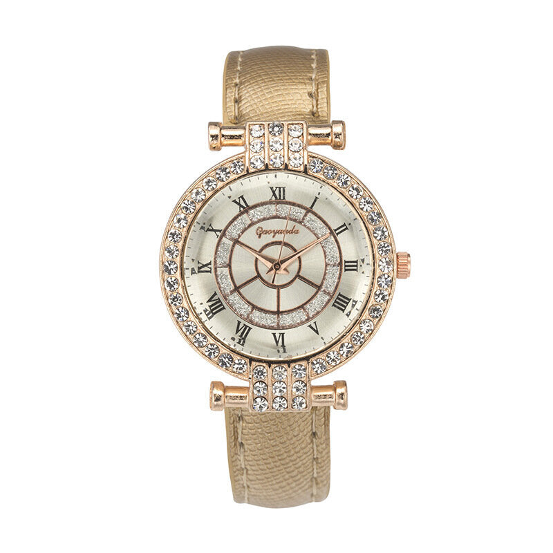 Leather Band Women Wrist Watch Casual Style Crystal Quartz Watch