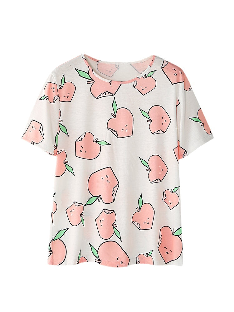 Women's Peach Print Pajama Set - Short Sleeve, Elastic Waist, Casual Homewear