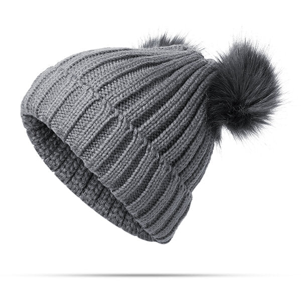 Women's Knitted Winter Beanie with Pom Pom - Warm, Soft Fur Ball Cap