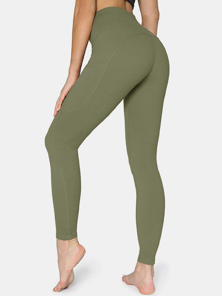 Women Solid Color Side Pocket Hip Lift Sport Yoga Legging