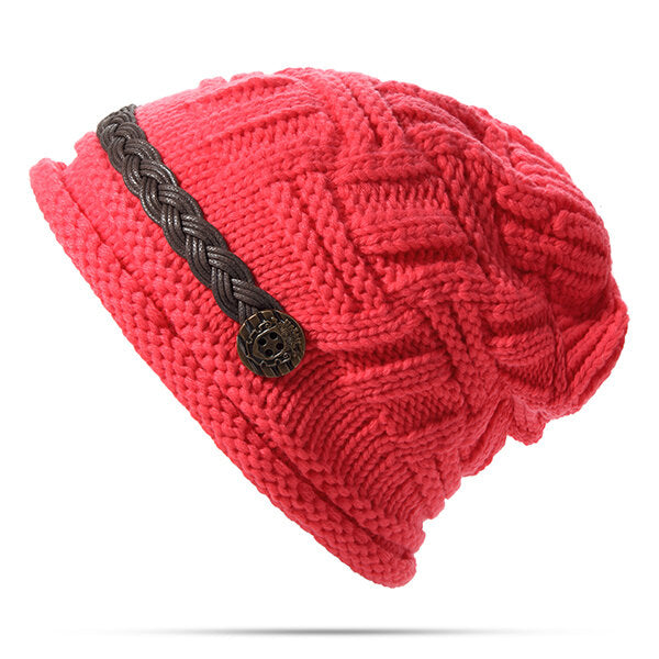 Women's Crochet Knit Beanie Hat with Button Detail - Baggy Style