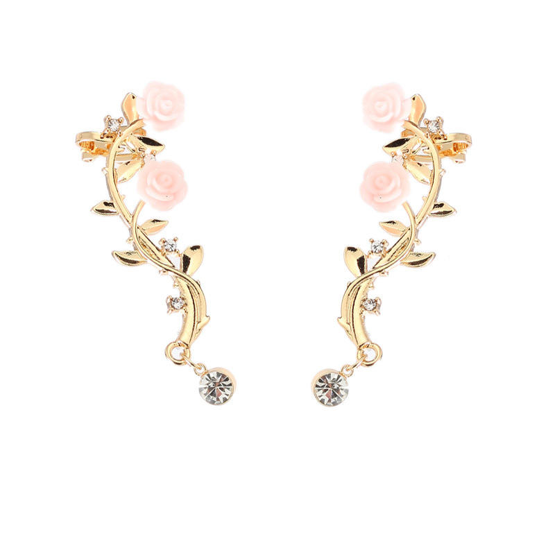 Elegant Pink Flower Womens Cuff Earring Silver Gold Color Piercing Clip Earrings