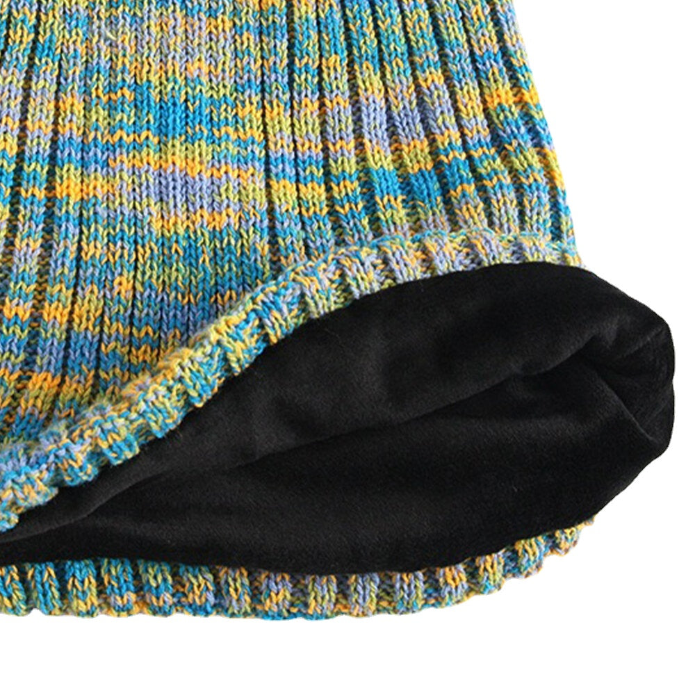 Unisex Rainbow Striped Woolen Beanie - Thick, Warm, Velvet-Lined Hat